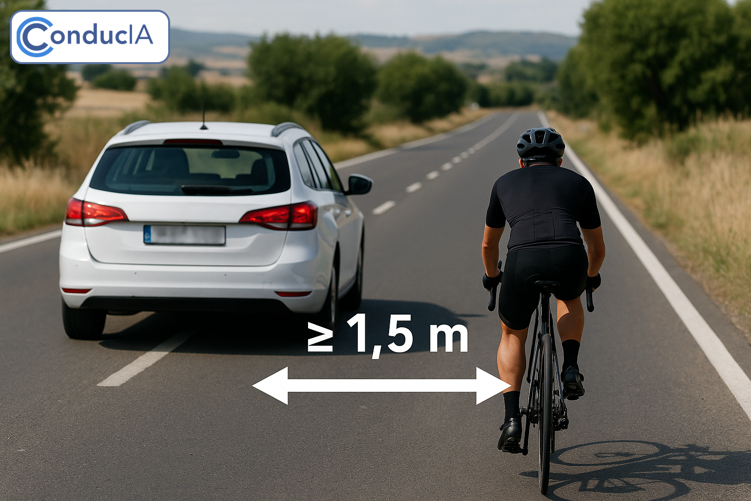 Car overtaking a cyclist leaving at least 1.5 metres of lateral distance
