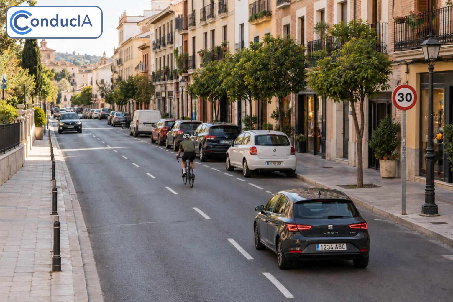 Cyclist riding in the centre of the lane on an urban street with a car keeping its distance behind