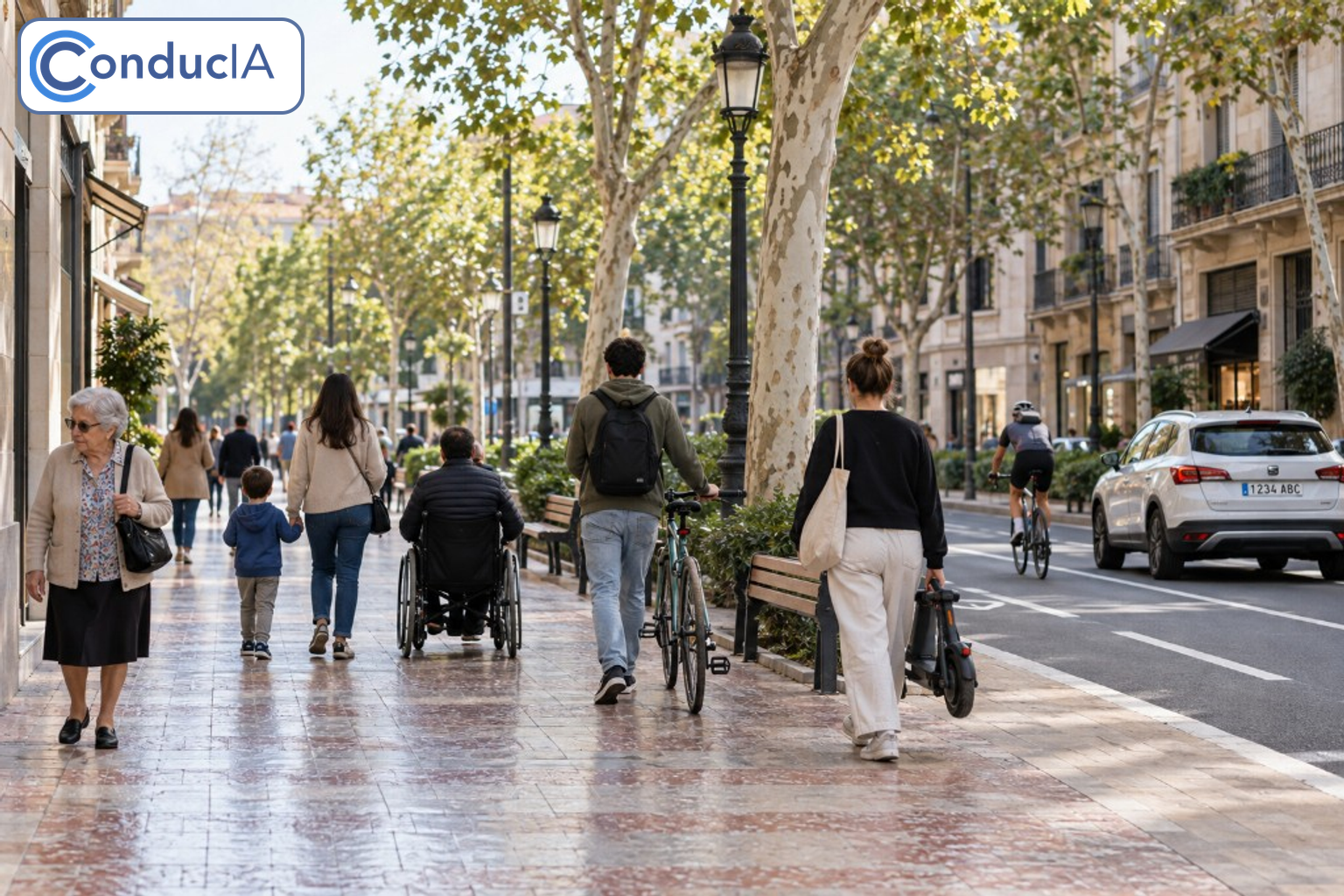 Pedestrians, including a wheelchair user, walking with priority on a wide pavement