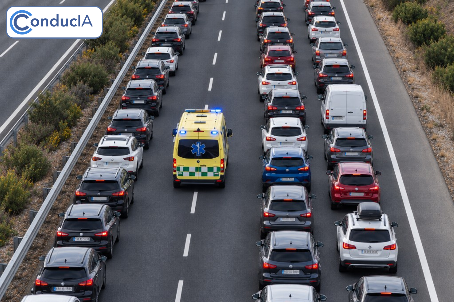 Ambulance driving through an emergency corridor opened by cars in a motorway tailback