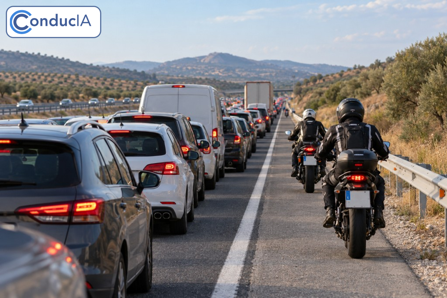 Motorcycles riding on the hard shoulder of a congested road