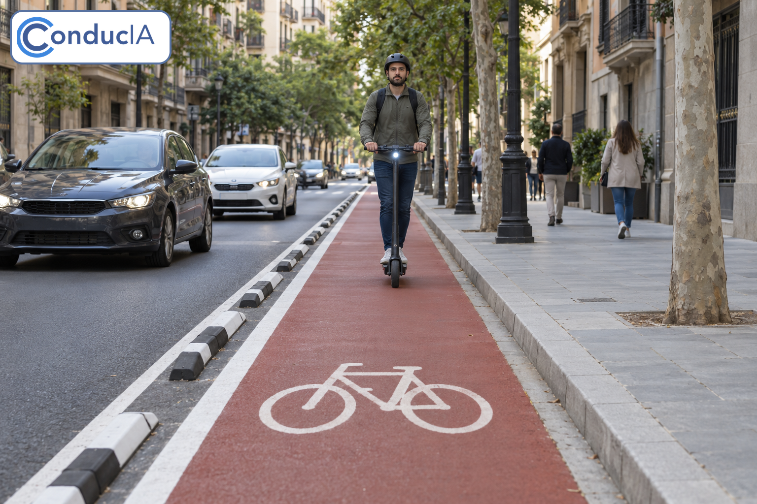 E-scooter rider wearing a helmet on a bike lane